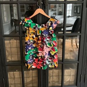 J CREW Brushstroke Print Colorful Silk Ruffled Neck Sleeveless Top. Size 2